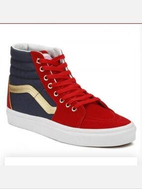 Vans Sk8-Hi Captain Marvel Shoes Red Navy Gold Women's Size 6 Men's Size 4.5